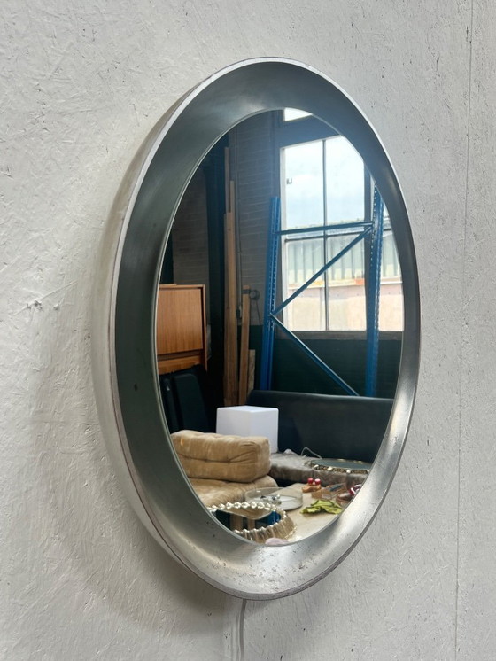 Image 1 of Vintage Round Wooden Wall Mirror With Lighting, Xl, 1970's