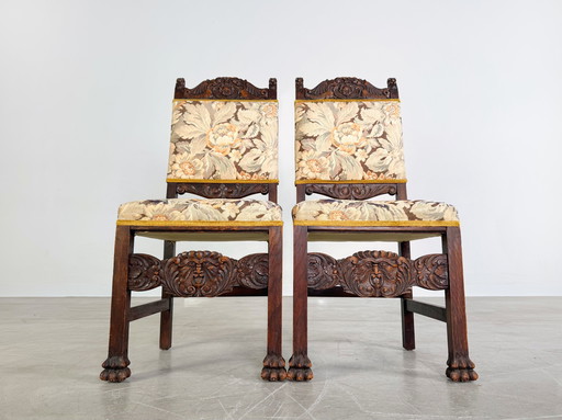 Original set of 2 neo-baroque chairs Antique wood carving Floral