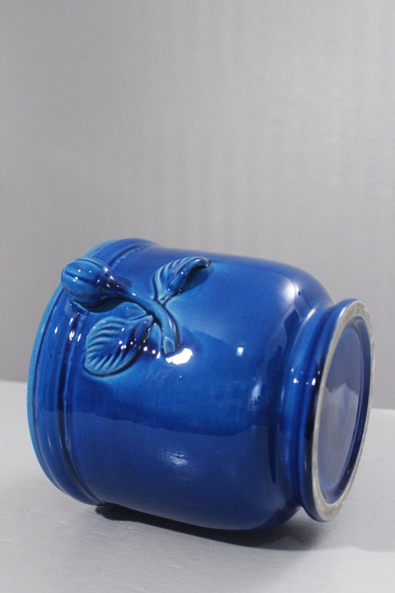 Image 1 of Cachepot vintage in ceramica con smalto blu craquelé, stile Chambost, anni '70