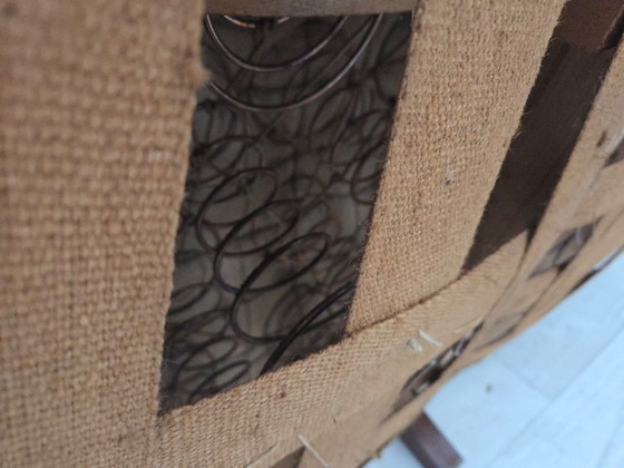 Image 1 of Deense "Banana" driezitsbank uit de jaren 60, origineel olijfgroen meubelvelours.