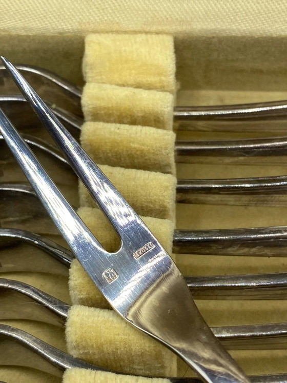 12 silver-plated escargot forks in their original box – Decorative Objects, Velvet, Art Deco (photo 3 of 4)