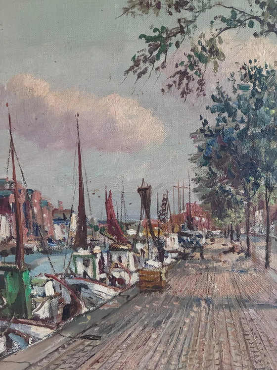Image 1 of Pintura al óleo original de época que representa un puerto escandinavo.