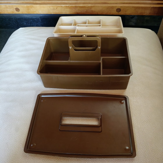 Image 1 of Scatola organizer vintage DBP Plastics Antwerp – contenitore portaoggetti marrone fumé, design belga anni '70