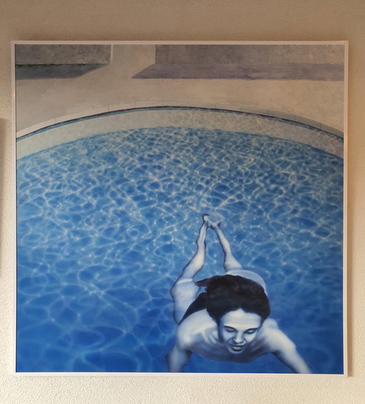 Modernes Gemälde eines Schwimmers in blauer Acrylfarbe/Airbrush