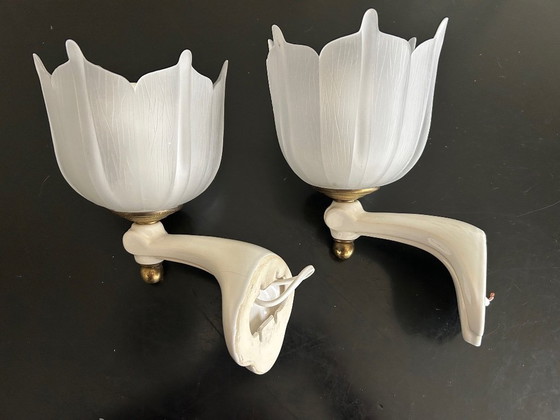 Image 1 of Par de apliques de pared de cerámica y vidrio, década de 1950.