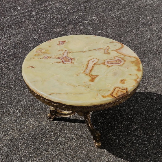 Image 1 of French Vintage Onyx Marble and Brass Coffee Table- Round Marble Cocktail Table-Style Louis XV -60s
