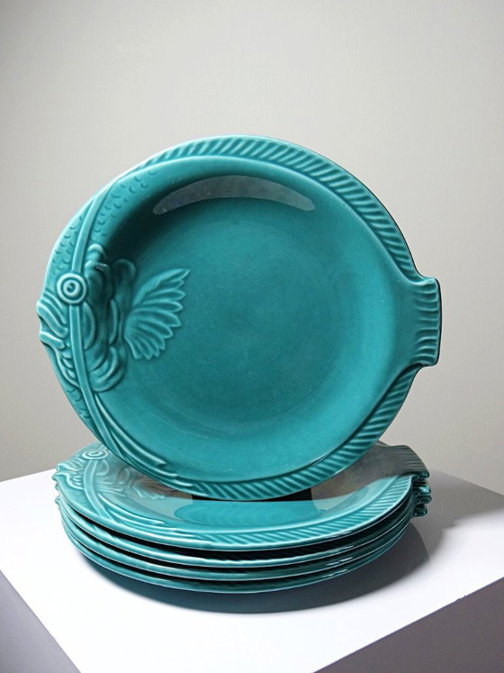 Image 1 of Set of 5 vintage turquoise earthenware fish plates from the 1960s-70s