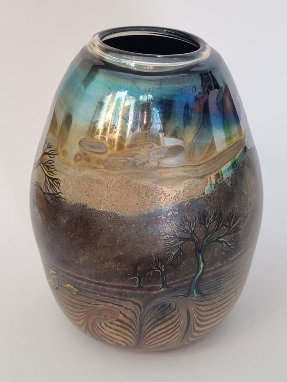 Image 1 of Eisch Studioglas Vase 1991 – Signed – Iridescent – ​​Landscape Decor 18.5cm
