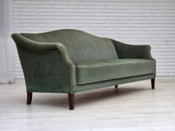 Image 1 of 1960s, 3-Seater Danish Sofa, Green Furniture Velour.