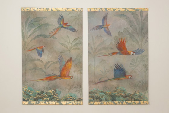Image 1 of Painted canvas depicting three parrots in a tropical forest. Contemporary.