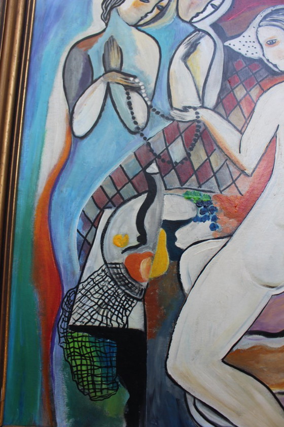 Image 1 of Modernist Hungarian Style Oil Painting Three Graces Homage to Béla Kádár