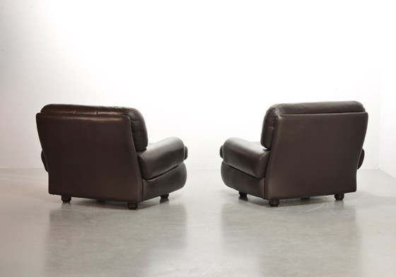 Image 1 of Set of 2 Comfortable Mid-Century Design Durlet Brutalist Lounge Chairs in Chocolate Brown Leather. Belgium, 1970s.