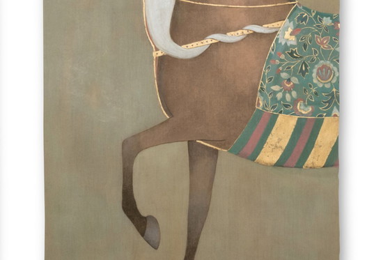 Image 1 of Geschilderd doek met een afbeelding van een Indiaas paard in profiel. Hedendaags werk.