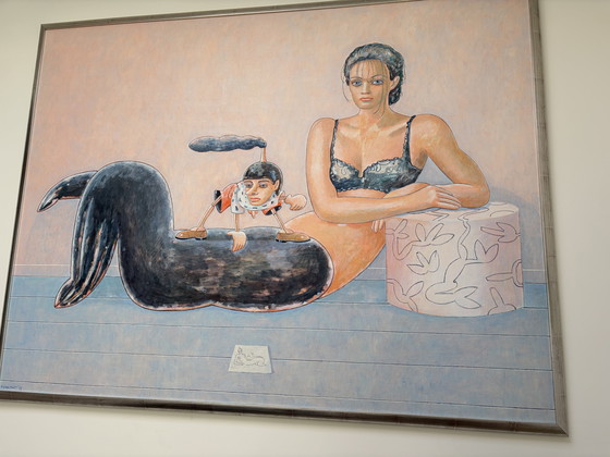 Image 1 of “Pinokkio en zijn moeder” van Arie van Geest Olieverf op doek in bladzilveren Houten lijst 