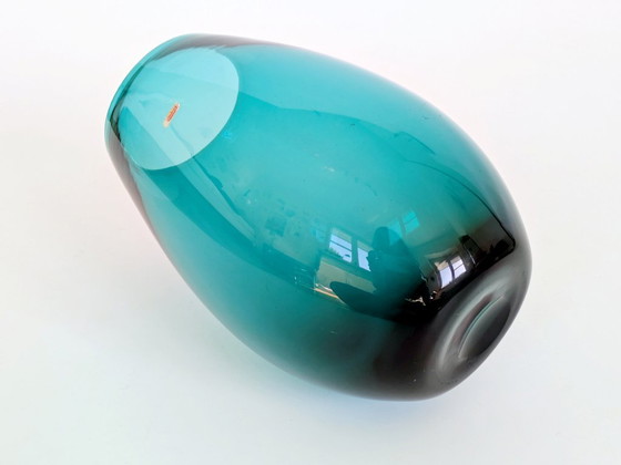 Image 1 of Midcentury Karl Friedrich Glas Mouth-Blown Teal Glass Vase, Votive Holder, 1960s German Art Glass