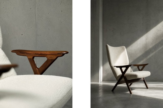 Image 1 of Poltrona alta vintage in teak e tessuto bouclé bianco, stile moderno norvegese di metà secolo, anni '60.