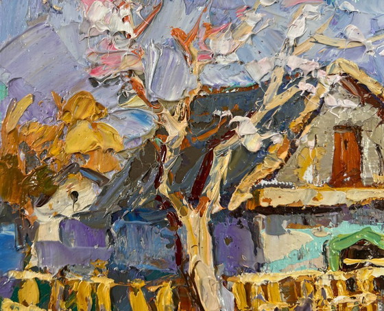 Image 1 of Original Oil Painting Colorful Village Landscape Early spring has arrived