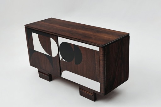 Aparador vintage de los años 50, modernista, de nogal, con estampado geométrico Op Art. – buffetkasten, Wood (photo 2 of 14)