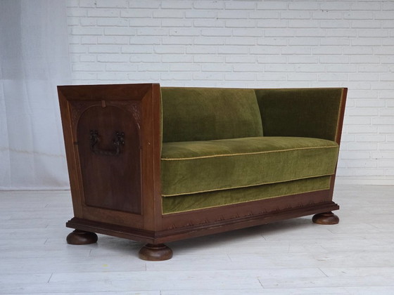 Image 1 of 1950s, Danish 2-seater sofa, original green furniture velour, oak wood.