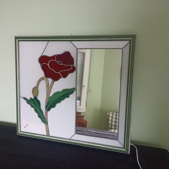 Image 1 of Pannello in vetro colorato francese unico (Pièce Unique) – Design papavero con illuminazione d'atmosfera