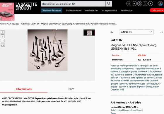 Image 1 of GEORG JENSEN 1955  5 Couverts de MAGNUS STEPHENSEN modèle TUJA TANAQUIL