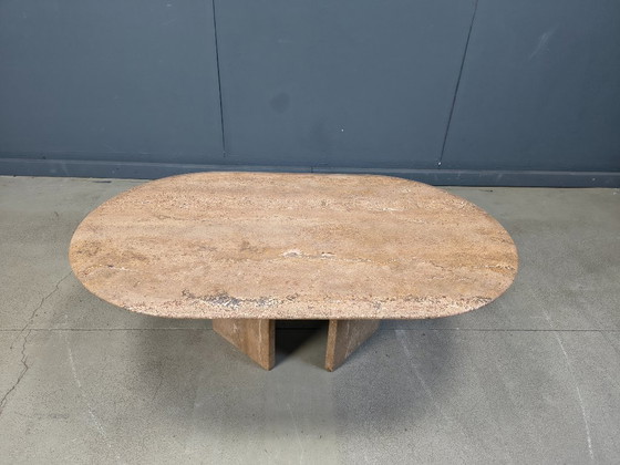 Image 1 of Table basse ovale vintage en travertin, années 1970
