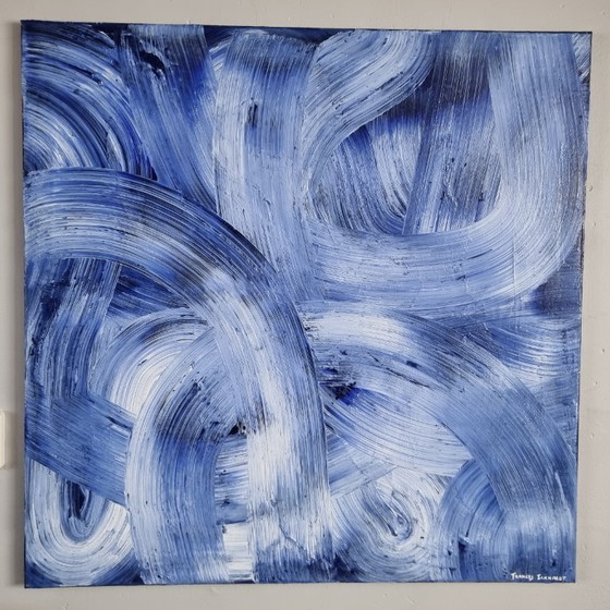 Image 1 of Contemporary abstract modern blue painting hand-painted 100x100 cm