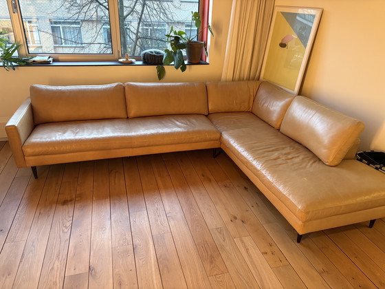Image 1 of Ochre yellow leather corner sofa