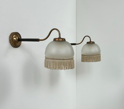 Pair of vintage wall lights, brass and frosted glass, France, 1970
