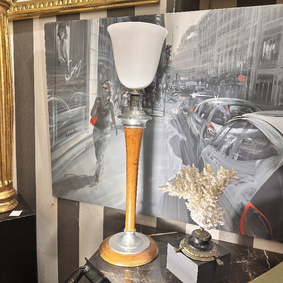 Image 1 of Lámpara de mesa, madera y cristal opalino, MAZDA, Art Déco, 20’s - Francia
