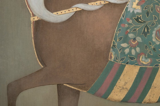 Image 1 of Geschilderd doek met een afbeelding van een Indiaas paard in profiel. Hedendaags werk.