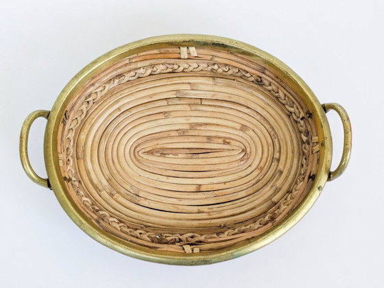 Handgemaakte vintage ovale dienblad van rotan en messing, in de stijl van Gabriella Crespi, Italië, jaren 70. (photo 5 of 17)