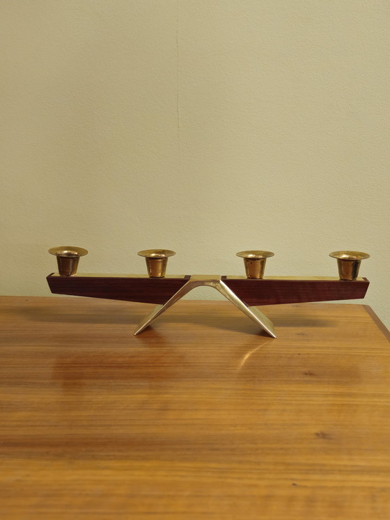 Image 1 of Vintage Teak Teak Wood Brass Candlestick Candle Holder