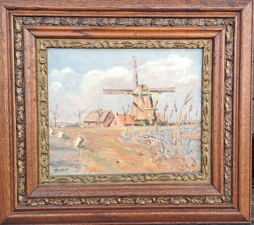 Painting of a Dutch landscape with a mill