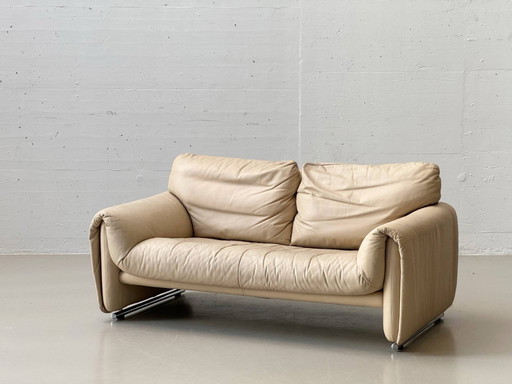 Vintage beige leren tweezitsbank, Zwitserland, jaren 80