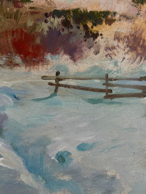 Image 1 of Original Oil Painting Winter Village Landscape Country winter evening