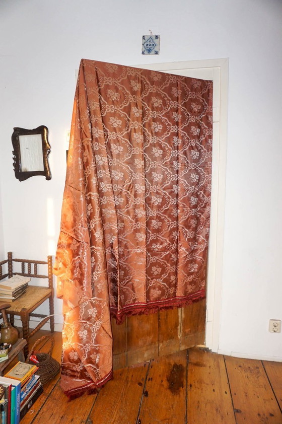 Image 1 of vintage italian silk jacquard bedspread * rose brown damask * floral brocade coverlet