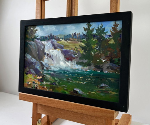 Original Oil Painting Coastal Rock Landscape Mountain waterfall