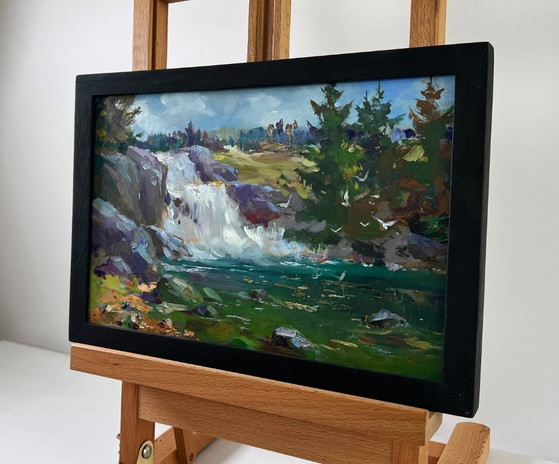 Image 1 of Original Oil Painting Coastal Rock Landscape Mountain waterfall