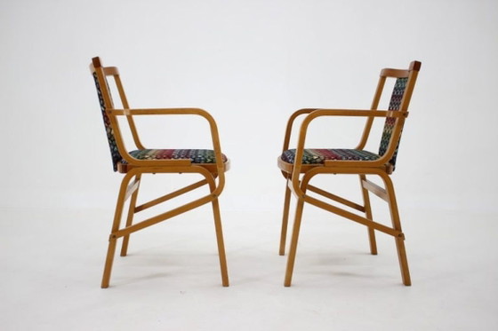 Image 1 of Set of Two Rare 1970s Czechoslovakian Bentwood Armchairs by TON in Colorful Patterned Fabric