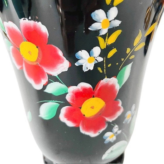 Image 1 of Grande vaso in vetro hyalith con fiori neri, anni '50
