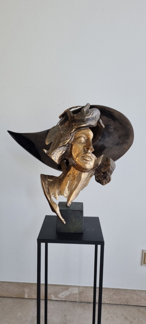 Lohé Bronze Sculpture of a Woman's Head with Hat
