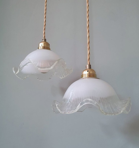 Set di 2 lampade a sospensione vintage in vetro bianco satinato, forma floreale, texture – Metal (photo 17 of 23)