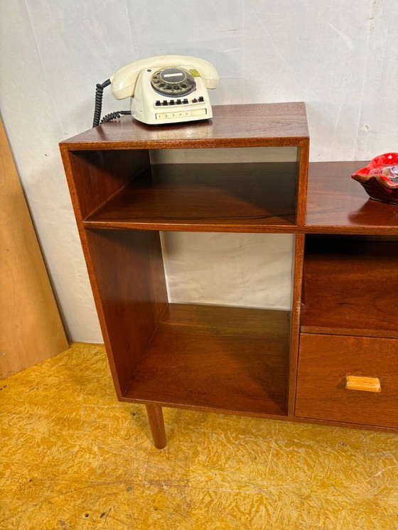 Image 1 of Mid Century Retro Teak Telephone Seat / Media Cabinet (Circa 1960)  A superb mid century vintage teak telephone seat dating from