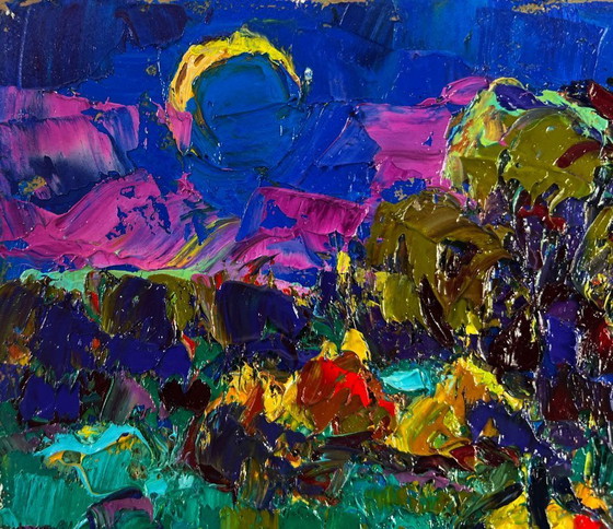 Image 1 of Original Oil Painting Summer Night Landscape Silence shining with a silver sky