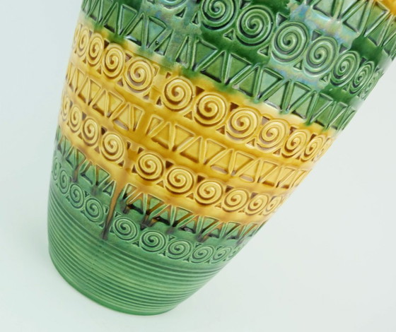 Image 1 of west german 1960s mid century VASE floorvase ü-keramik green ochre relief pattern model 1142-50