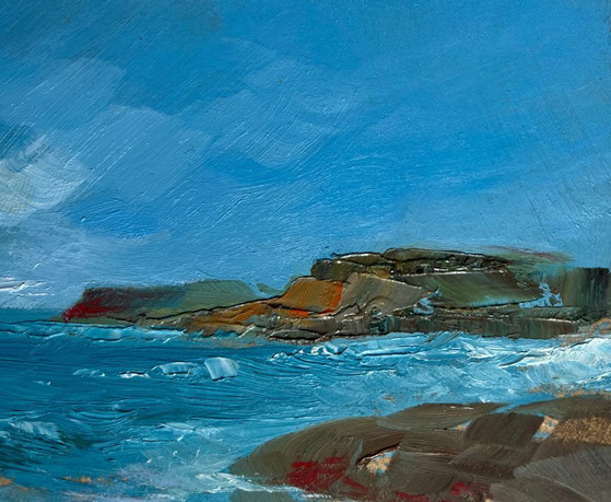 Image 1 of Peinture à l'huile originale représentant un paysage côtier marin à l'horizon.