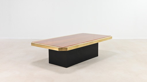 Red Travertine and Brass Coffee Table, Belgium C.1970