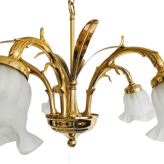 Image 1 of Lampadario vintage in ottone a sei bracci, metà secolo, con foglie di palma, Hollywood Regency, anni '70