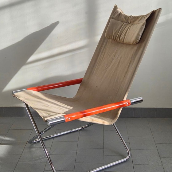 Image 1 of Poltrona pieghevole vintage giapponese, anni '70, in acciaio cromato e arancione e tela di iuta.